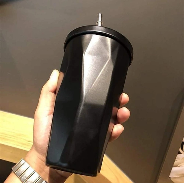 Stainless Steel Double Wall Hot and Cold Irregular Diamond Drinking Mug with Straw and Lid (Black, 500 ml)