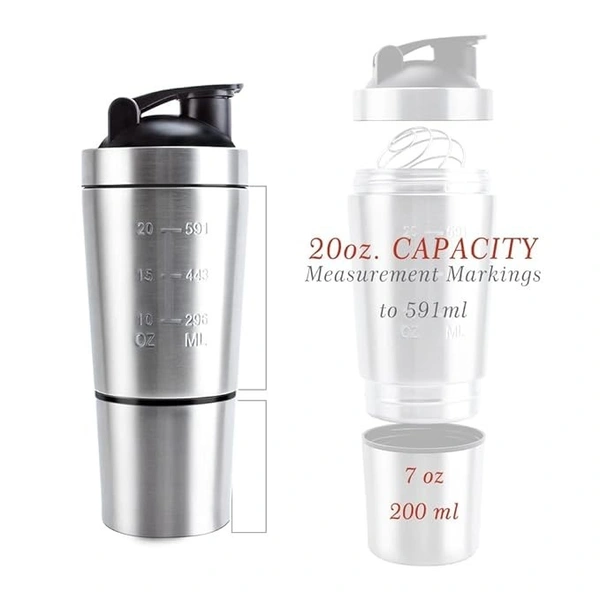 Stainless Steel Gym Shaker Bottle with Extra Storage(with Spring Ball),100% Leak Proof and Food Grade,750ml