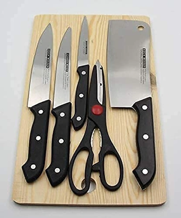 Stainless Steel Kitchen Knife & Knives Set with Knife Scissor and Wooden Chopping Board for Vegetable & Fruit Cutting Slicing Chopping Multi-Color(Pack of 6)