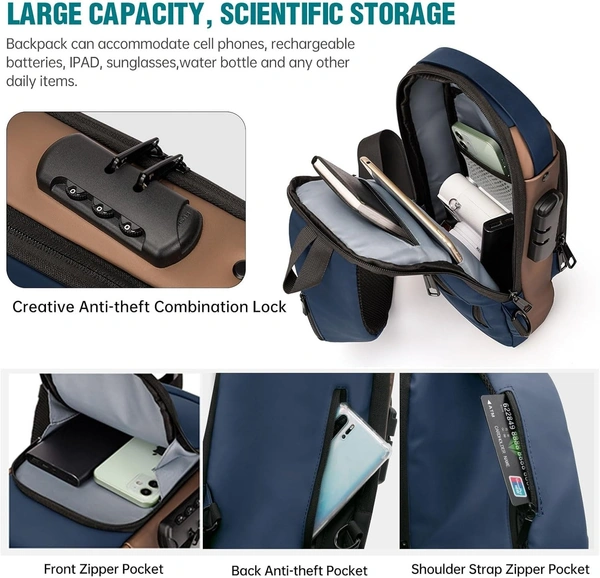 Anti-Theft Chest Bag for Men Women Sling Bag Crossbody Backpack Men's Shoulder Bag Waterproof Password Protection Shoulder Bag with USB, Blue with brown, Rucksack