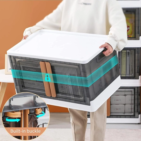 Folding Storage Boxes Set 50L Collapsible Storage Bins,Foldable Stackable Plastic Storage Boxes For Organizing with Double Doors & Secure Buckle for Home, Office, Bedroom 