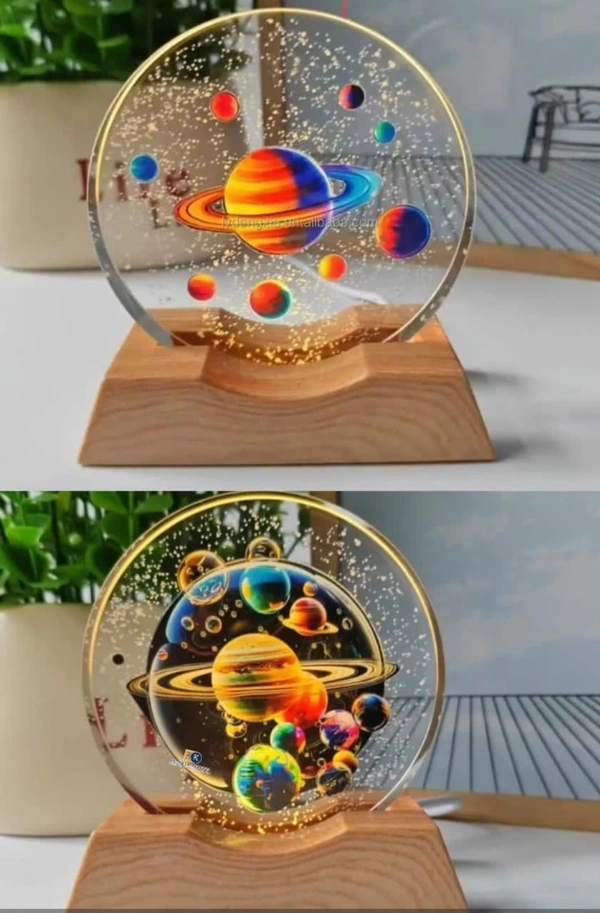 3D Acrylic Planets Crystal Ball Night Lamp with Wooden Base | USB LED Table Light for Bedroom, Kids Room & Home Decor | Bedside Lamp & Gift for Boys & Girls