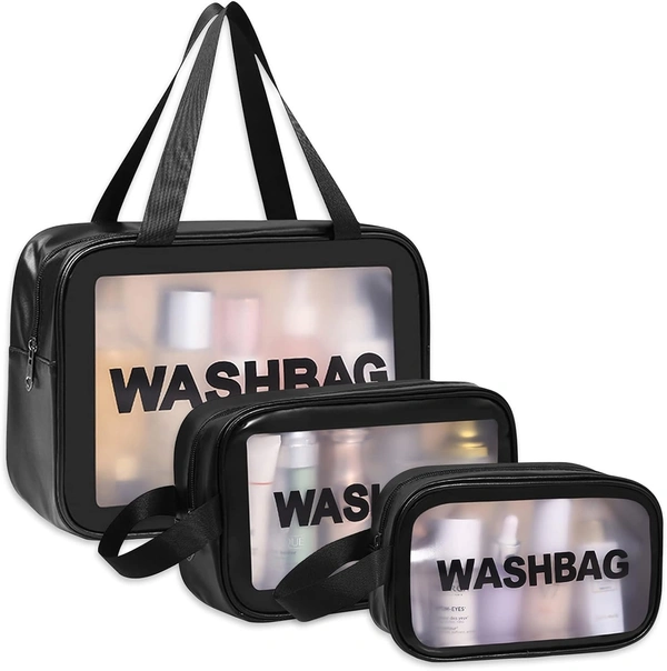 Wash Bag Pouch for Travel Kit Toiletry Bag Cosmetic Bag Make Up Box for Brushes, Accessories with Handle, Large Capacity Translucent Waterproof Travel Storage Mini Size - Set of 3