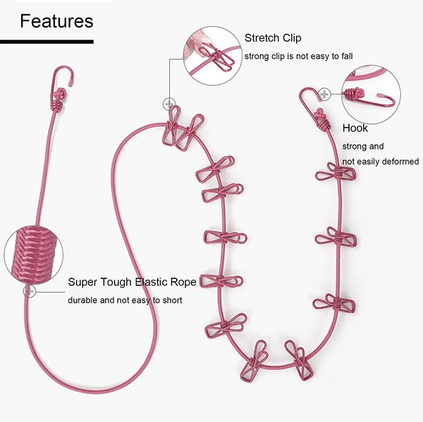 Clip Rope | Cloth Line Rope | Portable Drying Rope with 12 Clips and 2 Hooks | Drying Rope for Balcony-Garden-Terrace-Backyard-Travel-Camping | Multicolor [Pack of 1]