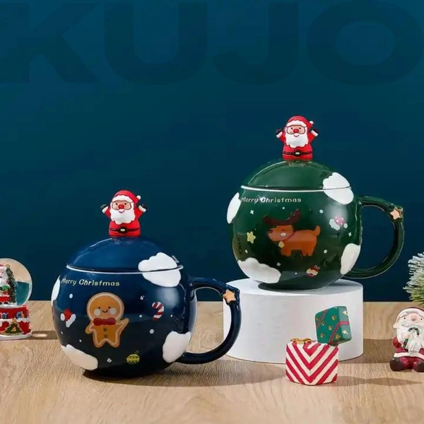  Merry Christmas Coffee Mug with Santa Claus Pattern Bubble Ceramic Shape | Spoon Lid Procelain Cappuccino Cup Tea Mug | Milk Drinking Cup Holiday Christmas Gift Red