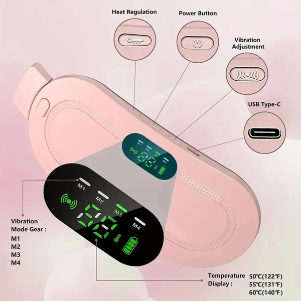 Period Cramp Relief Heating Pad Pain Device with 4 Massage Modes for Menstrual Pain and Belly or Back Pain Relief, LED Display, Comfortable Belt