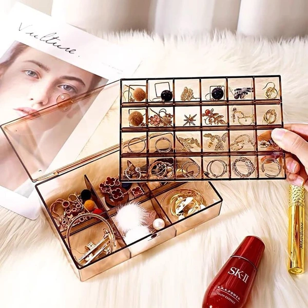 Portable 2 Layer Acrylic Jewelry Storage Box Organizer Holder case with Lid for Earrings Necklaces Bracelets Rings with 24-Grid Small and 6-Grid Big