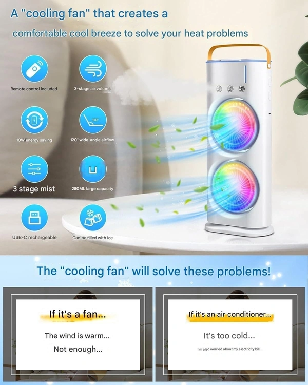 Mini Air Cooler for Room Cooling AC Portable Mini Fan | Artic Cooler with 280ml | Rechargeable Mist Cooling Fan | 3 H Timer, 3 Wind Speeds, and 3 Spray Modes for Office, Home, Kitchen - White