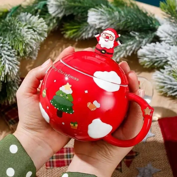  Merry Christmas Coffee Mug with Santa Claus Pattern Bubble Ceramic Shape | Spoon Lid Procelain Cappuccino Cup Tea Mug | Milk Drinking Cup Holiday Christmas Gift Red