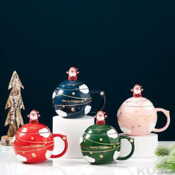  Merry Christmas Coffee Mug with Santa Claus Pattern Bubble Ceramic Shape | Spoon Lid Procelain Cappuccino Cup Tea Mug | Milk Drinking Cup Holiday Christmas Gift Red
