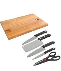 Stainless Steel Kitchen Knife & Knives Set with Knife Scissor and Wooden Chopping Board for Vegetable & Fruit Cutting Slicing Chopping Multi-Color(Pack of 6)