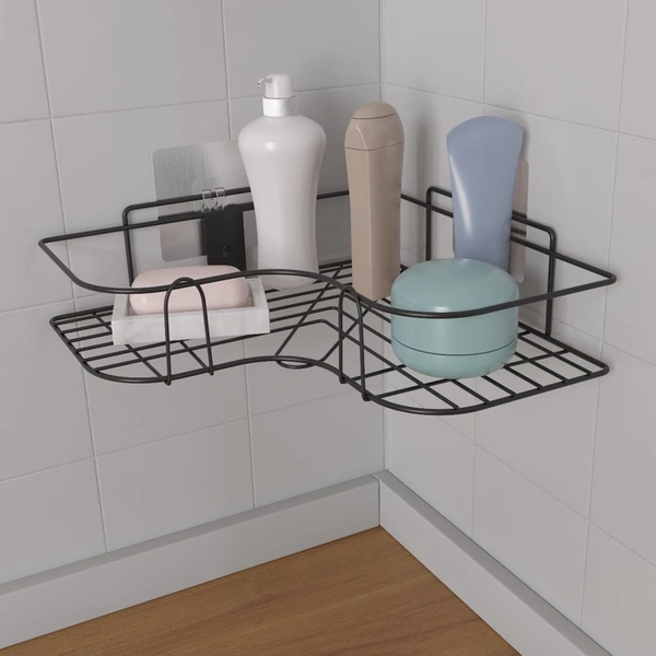 Wall Mounted Self-Adhesive Bathroom Corner Shelf/Kitchen Rack & Holder - Bathroom Accessories (Material-GI Metal, Powder Coated Finish, Black, L Shape Pack of 1)