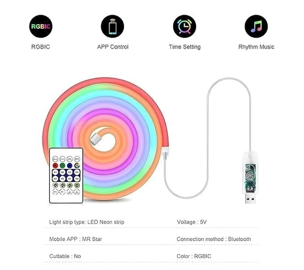 Vision 5 Meters LED Neon RGB Strip Light, Smart App Control, Remote Control, Multi-Colour Magic Lighting with USB, 6 Mounting Clips Music Modes, Custom Colors, Timing, Light Follow Sounds