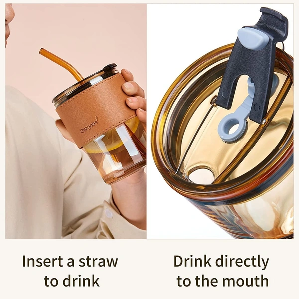  Leather Grip Coffee Cup Sipper Glass with Straw Mug Grip,Glass Bottle Straw for Adults Juice glassesTumbler Lid Anti-SkidSleeve Hot Cold Beverages Tea Smoothies Fruit Juice Travel