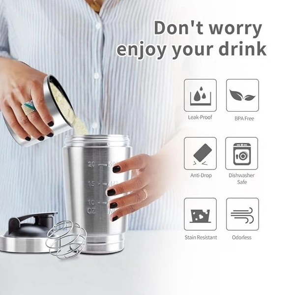 Stainless Steel Gym Shaker Bottle with Extra Storage(with Spring Ball),100% Leak Proof and Food Grade,750ml