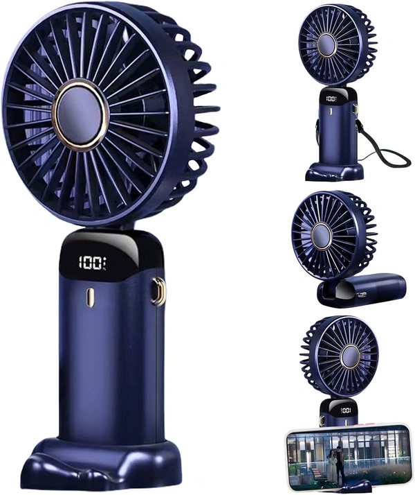  Portable Fan Mini Handheld Blue Fan with Digital Display Small USB Rechargeable Personal Pocket Fan with 5 Speeds Foldable Desk Fan with Lanyard and Base for Home Travel，170007