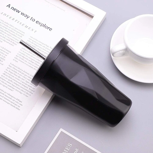Stainless Steel Double Wall Hot and Cold Irregular Diamond Drinking Mug with Straw and Lid (Black, 500 ml)