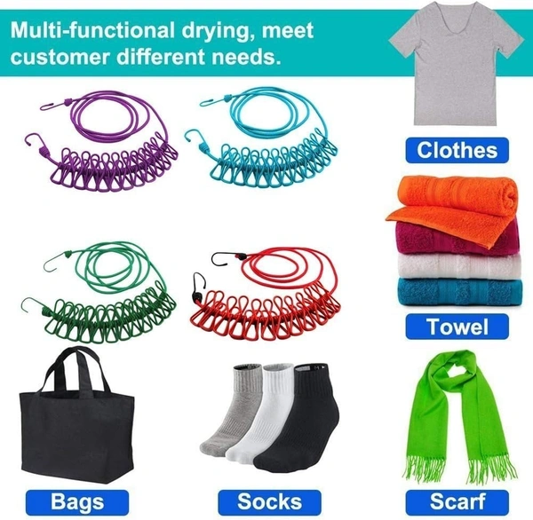 Clip Rope | Cloth Line Rope | Portable Drying Rope with 12 Clips and 2 Hooks | Drying Rope for Balcony-Garden-Terrace-Backyard-Travel-Camping | Multicolor [Pack of 1]