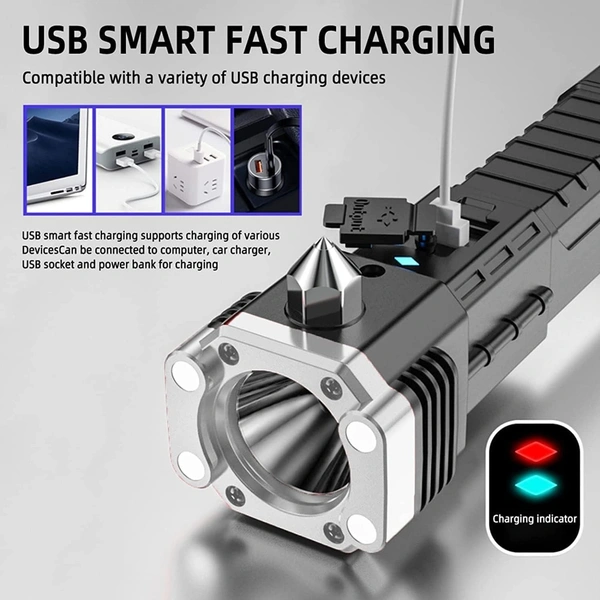  Torch Light,LED 3W Torch Light Rechargeable Torch Flashlight,Long Distance Beam Range Car Rescue Torch with Hammer Window Glass and Seat Belt Cutter Built Portable