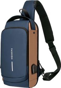 Anti-Theft Chest Bag for Men Women Sling Bag Crossbody Backpack Men's Shoulder Bag Waterproof Password Protection Shoulder Bag with USB, Blue with brown, Rucksack