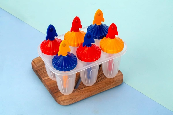 Set of 6 Plastic Reusable Rocket ice Pop Makers, Homemade Popsicle/Frozen Ice Cream/Kulfi Candy for Children & Adults - Multicolor