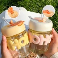 OHO HOHO Reusable Glass Coffee Mugs with Lid and Straw Pack of 1,Drinking Glasses  Drink Straw Sipper for Juice Smoothies Cocktail Mug (Multicolor)