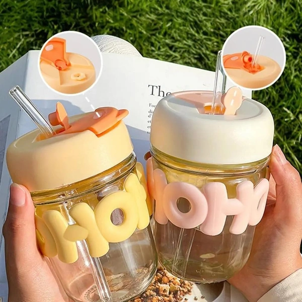 OHO HOHO Reusable Glass Coffee Mugs with Lid and Straw Pack of 1,Drinking Glasses  Drink Straw Sipper for Juice Smoothies Cocktail Mug (Multicolor)