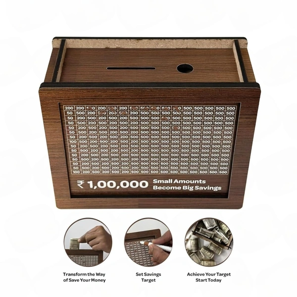 Money Saving Box for Kids & Adults, Coin Box, Savings Box, Piggy Bank, Smart Money Box, Wooden Coin Box, Money Saver, Piggy Bank with Numbers, Target 100000 Rupees Savings Box