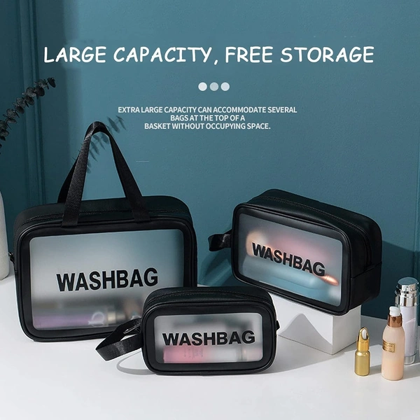 Wash Bag Pouch for Travel Kit Toiletry Bag Cosmetic Bag Make Up Box for Brushes, Accessories with Handle, Large Capacity Translucent Waterproof Travel Storage Mini Size - Set of 3