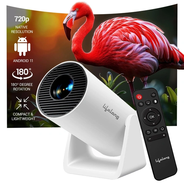 Smart Projector for Home, Native 720p with 4K Support, 4500 Lumens, Android 11, Apps (Netflix, Prime, YouTube) Freestyle Design with built-in stand, Speaker, WiFi, 100" Display