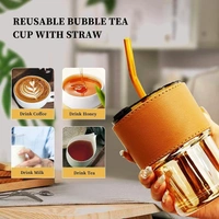  Leather Grip Coffee Cup Sipper Glass with Straw Mug Grip,Glass Bottle Straw for Adults Juice glassesTumbler Lid Anti-SkidSleeve Hot Cold Beverages Tea Smoothies Fruit Juice Travel