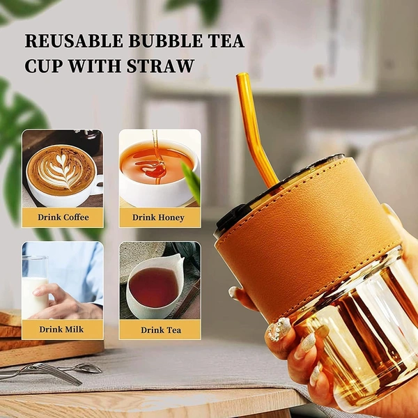  Leather Grip Coffee Cup Sipper Glass with Straw Mug Grip,Glass Bottle Straw for Adults Juice glassesTumbler Lid Anti-SkidSleeve Hot Cold Beverages Tea Smoothies Fruit Juice Travel