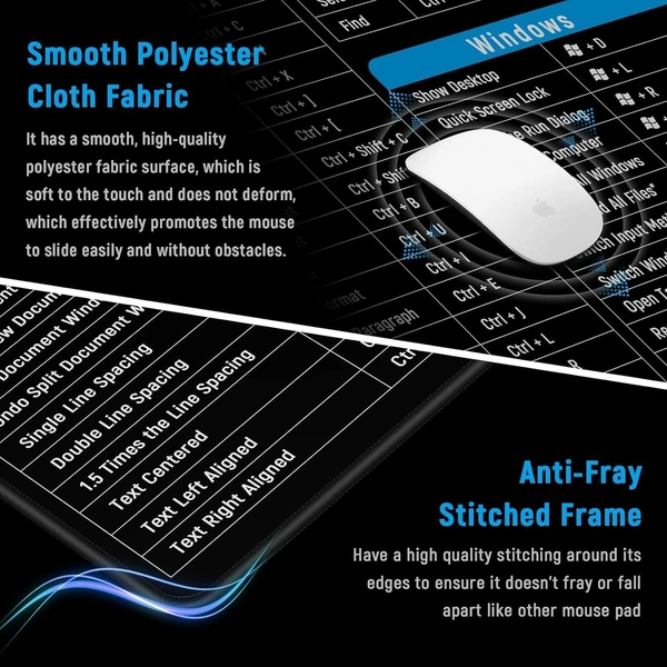 Keyboard Pad with Office Software Shortcuts Pattern, Clear Extended Large Cheat Sheet Mouse Pad, Large Rubber Base Mice Smooth Cloth Desk Mat, Excel Shortcut Keys Mouse Pad (80x30cm)