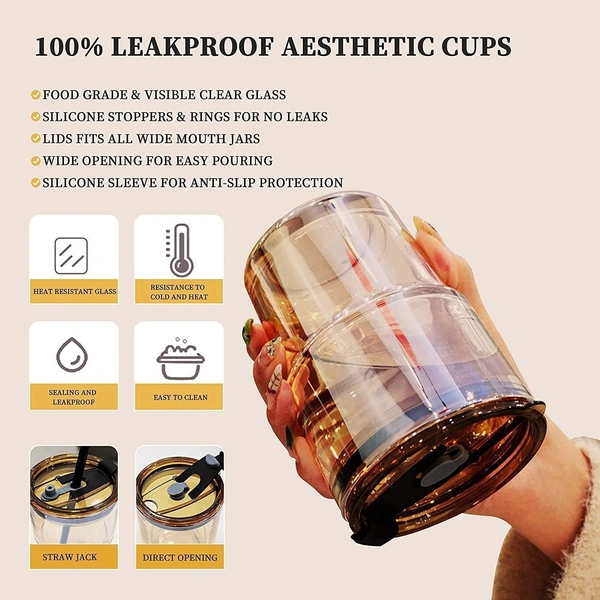  Leather Grip Coffee Cup Sipper Glass with Straw Mug Grip,Glass Bottle Straw for Adults Juice glassesTumbler Lid Anti-SkidSleeve Hot Cold Beverages Tea Smoothies Fruit Juice Travel