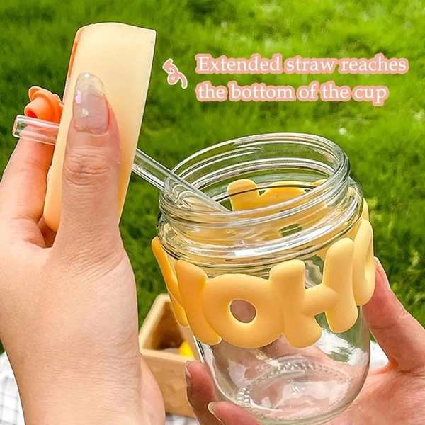 OHO HOHO Reusable Glass Coffee Mugs with Lid and Straw Pack of 1,Drinking Glasses  Drink Straw Sipper for Juice Smoothies Cocktail Mug (Multicolor)
