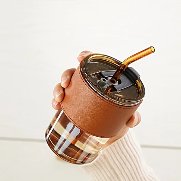  Leather Grip Coffee Cup Sipper Glass with Straw Mug Grip,Glass Bottle Straw for Adults Juice glassesTumbler Lid Anti-SkidSleeve Hot Cold Beverages Tea Smoothies Fruit Juice Travel