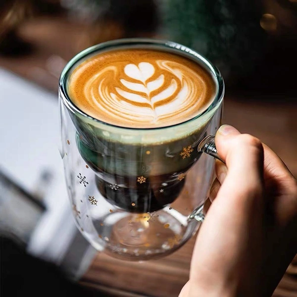 Fun Christmas Coffee Mugs Holiday Cups, 10oz Double Wall Glass Tableware with Lid and Handle, Tree Snowflake Glassware for Tea, Milk, Beverage, Juice, Water, 300ML (With Lid)