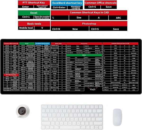 Keyboard Pad with Office Software Shortcuts Pattern, Clear Extended Large Cheat Sheet Mouse Pad, Large Rubber Base Mice Smooth Cloth Desk Mat, Excel Shortcut Keys Mouse Pad (80x30cm)