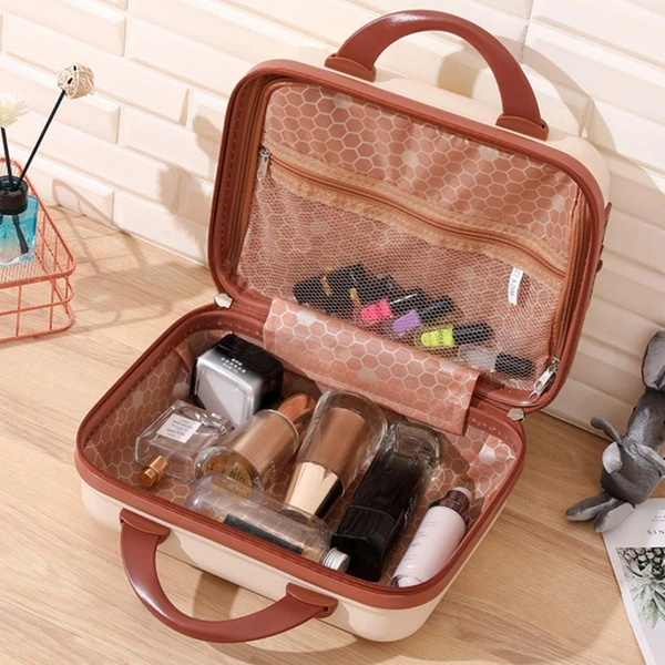 Women Small Hard Shell Cosmetic Bag 14 Inch /16 Inch Cute Bear Beauty Makeup Bag Organizer Cartoon Travel Suitcase Luggage Storage Bag, Beige, Small (14 Inch)