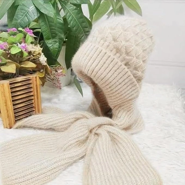 Women’s 2-in-1 Integrated Hat & Scarf, Windproof Winter Woolen Cap with Ear Protection, Cold-Resistant Fleece Lining, Soft & Comfortable for Winter Activities Multicolour