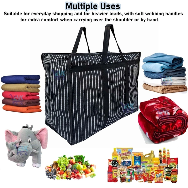 Extra Large Big Bag Heavy Duty Storage Organizer Reusable Canvas Shopper Bag with Strong Handles Jhola and Base with Covers Zip Jumbo Bag  - L