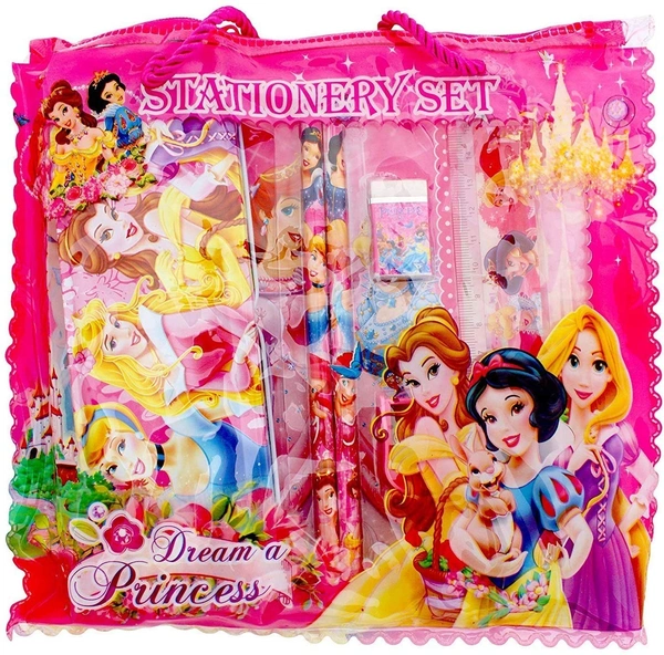  Stationary Set Kit Combo for School Kids (1 Zipper Pouch, 1 Pencil Box, 1 Notepad, 2 Pencils, 1 Scale, 1 Eraser, 1 Sharpener), Random Colours