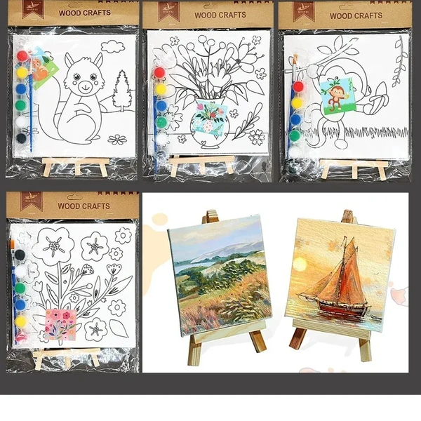 15X15 Wooden Easel with PrintedvCanvas Board with Paint For Painting Kids