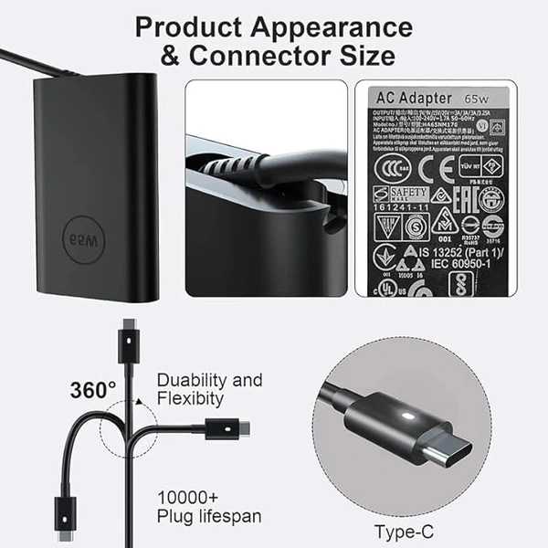 Charger for Dell 65W USB Type C for Dell P/N-0HDCY5 8XTW5 TDK33 24YNH 02YKOF 5FX88 2VP8G 2YKOF 0TDK33 LA65NM170 2YKOF 02YKOF.