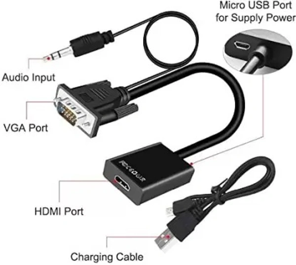 microware VGA to HDMI Converter Adapter 1080P (Male to Female) for Computer, Laptop, PC Media Streaming Device  (Black)