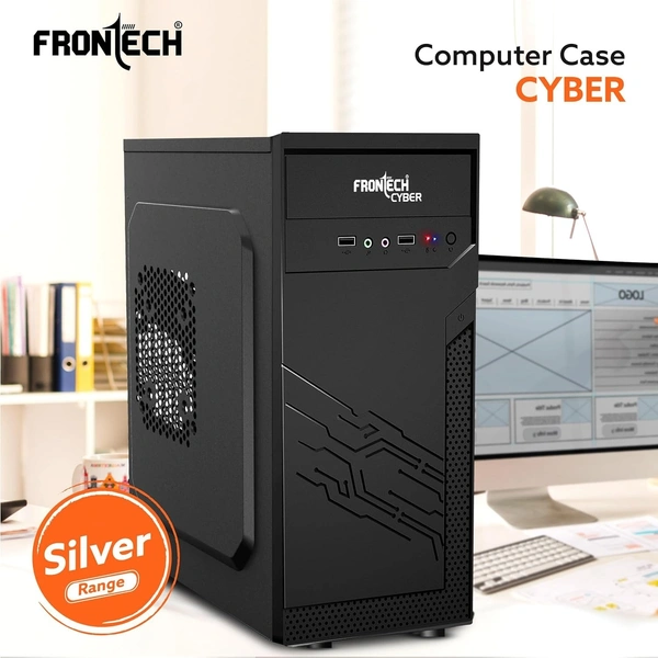 FRONTECH Cyber Silver Series Cabinet/Computer Case with HD Audio | ATX/Mini ATX Compatible | 2 x Front USB | Ideal for Home/Office/Gaming (FT 4269, Black)