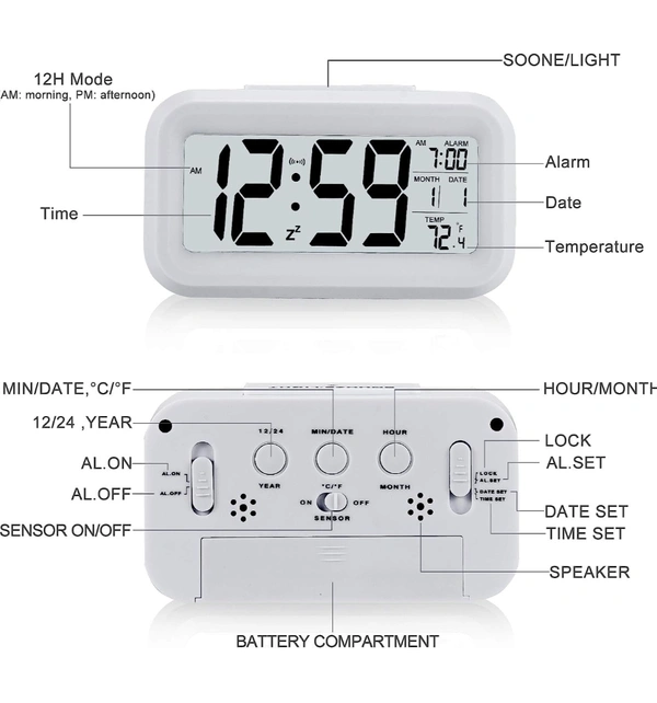 Digital Alarm Clock , Battery Operated,with Date, Temperature, Time , Lcd Clock