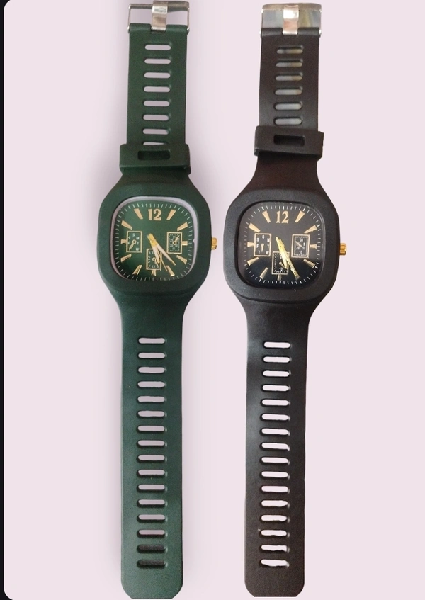 Square Dial Silicon Strap Green /black Watch Analog Watch For Boys & Girls Both - Free, Black