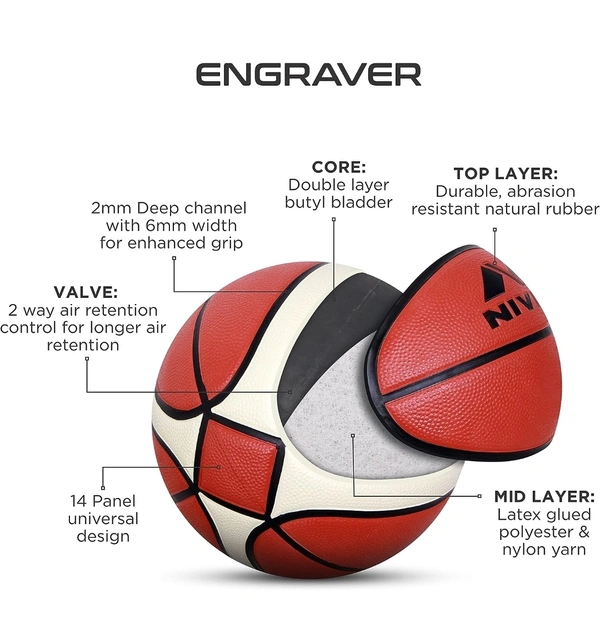 Nivia Engraver Basketball/Soft Rubberized Moulded/14 Panel/Suitable for Hard Surface/Match Ball/for Men/women /Basketball Size - 6 (Red) - 6, Red