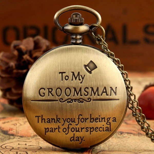 To My Groomsman - Thank You Pocket Watch | Vintage Bronze & Black Quartz Timepiece | Wedding Gift Clock